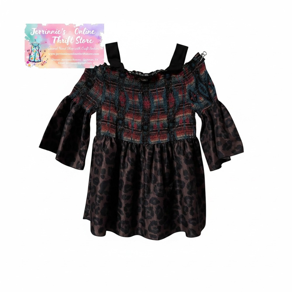 Crazy Train Womens 3XL‎ Smocked Cold Shoulder Top Serape Leopard Mixed Print NWT